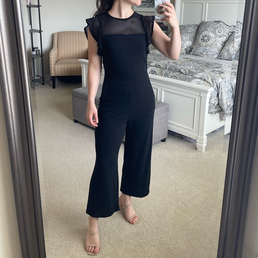 Michael Kors Jersey Knit Mesh Illusion Top Flutter Sleeve Wide Leg Jumpsuit XS